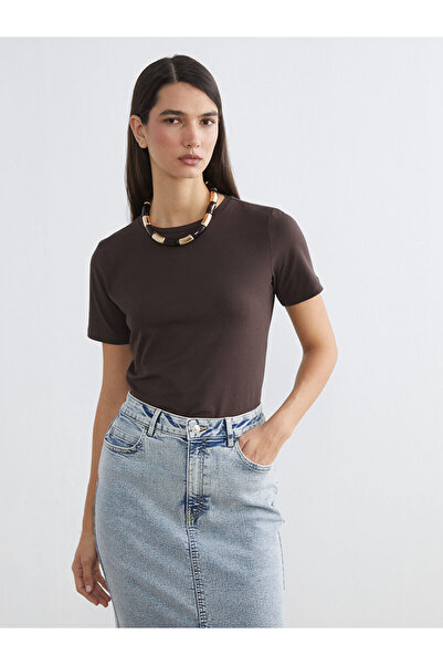 LC Waikiki Γυναικείο μπλουζάκι καφέ με λαιμόκοψη