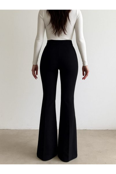 MONJER High Waist Flared Pocket Crepe Fabric Black Trousers