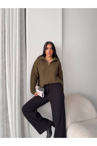 MODA سترة نسائية محبوكة بتصميم نصف صياد مع سحاب