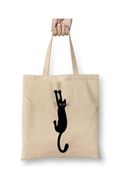 Toyaso Naughty Cat Black Cat Holding White Cloth Bag Long Handle Shopping Bag...