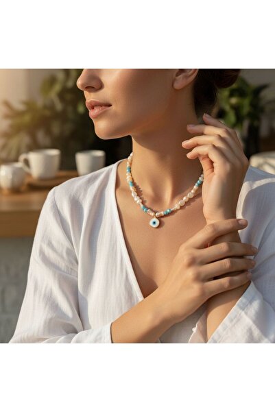 Butik Blue Glass Bead and Evil Eye Bead at the End with Pearl Women's Necklac...