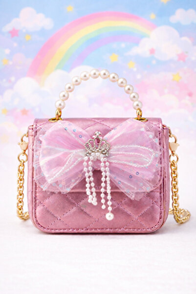 Selvira Kız Çocuk İnci Askılı Prenses Çanta – Taç Detaylı, Fiyonklu, Parlak M...