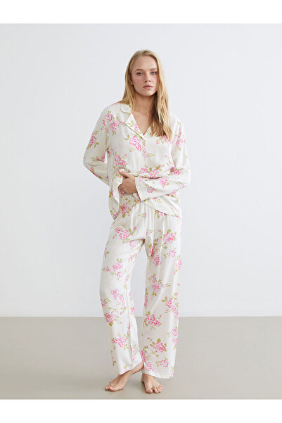 LC Waikiki Lcw Dream Ecru Shirt Collar Floral Women's Pajama Set