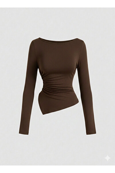Wildco Asymmetrical Cut Side Gathered Long Sleeve Brown Blouse, Bitter Brown ...