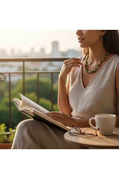 Butik Brown Green Stone Single Pearl Capasity Steel Women's Necklace.Valentin...