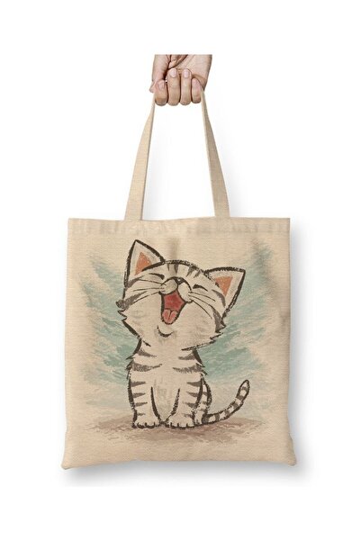 Toyaso Cute Cat Illustration White Cloth Bag Long Handle Shopping Bag Beach Bag