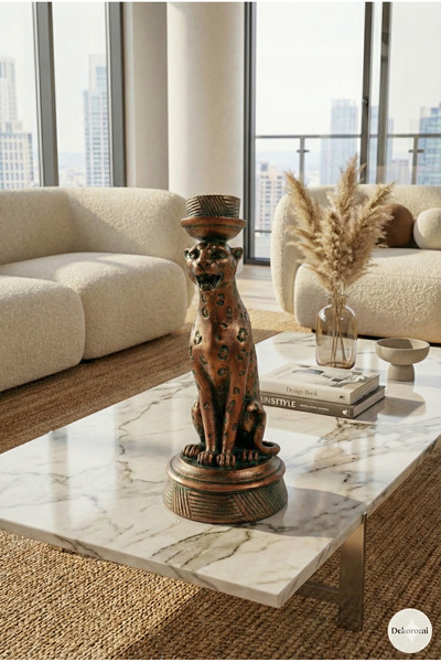 Dekoromi Lüks Dekoratif Leopar Figürlü Şamdan & Mumluk (24cm Boy) Dekorasyon ...