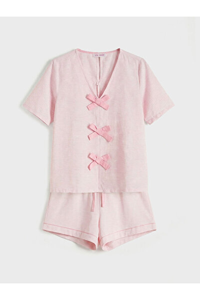 LC Waikiki Lcw Dream Pink V-Neck Striped Women's Shorts Pajamas Set