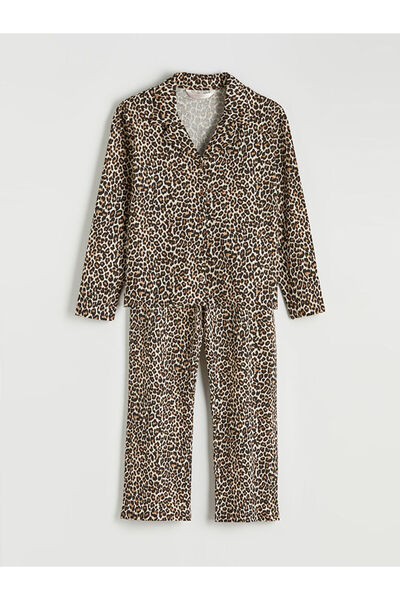 LC Waikiki Lcw Dream Beige Shirt Collar Leopard Print Women's Pajama Set