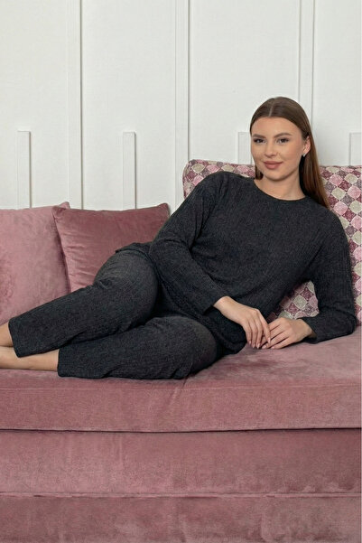 Farya Home Pamuklu Kalın Kışlık İnterlok Şeritli Uzun Kollu Örme Pijama Takımı
