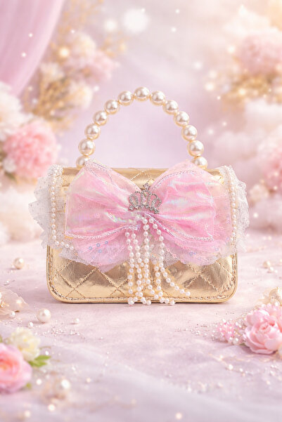 Selvira Kız Çocuk İnci Askılı Prenses Çanta – Taç Detaylı, Fiyonklu, Parlak M...