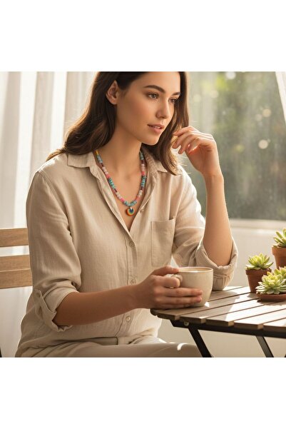 Butik Glass Rainbow Women's Necklace at the End of Blue Colored Glass Beads