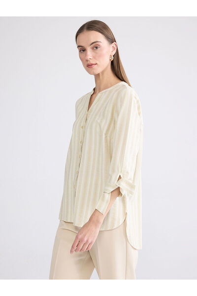 LC Waikiki Khaki Cowl Neck Striped Linen Blend Women's Shirt