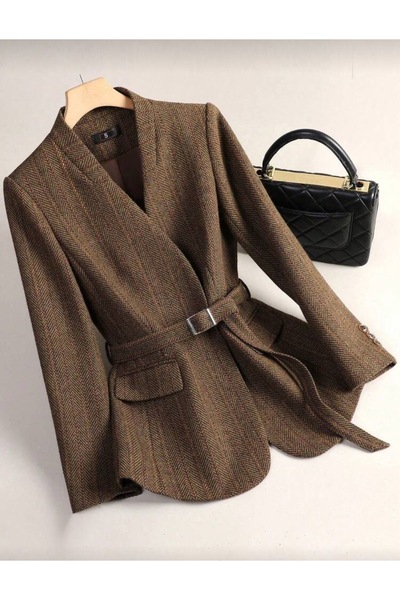 stylna Camel Wool Blazer Jacket for Women, High-End Elegant Celebrity Style,