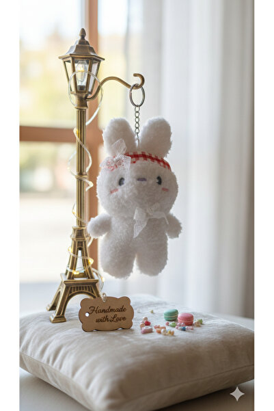 Şirin Bandanalı ve Dantel Fiyonklu Peluş Tavşan Anahtarlık - Farklı Renk Seçe...