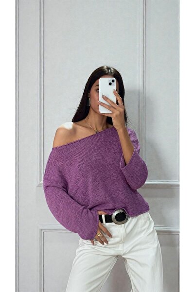 Azimutgiyim Women's Boat Neck Slim Knit Sweater Purple
