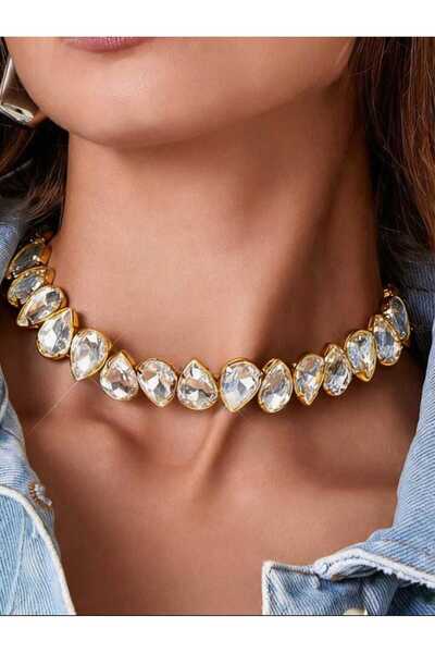 Ümaks Silvers Gold Artificial Crystal Choker, Elegant European Style Water Dr...