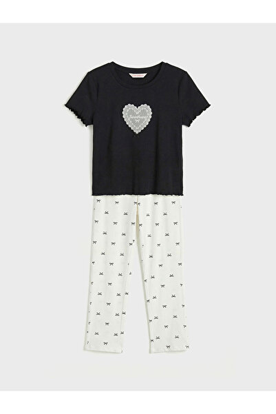 LC Waikiki Γυναικείο σετ πιτζάμες LCW DREAM Ecru με στάμπα και λαιμόκοψη ποδη...