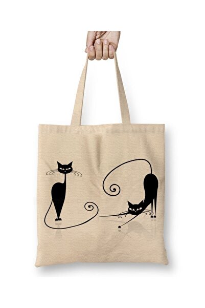Toyaso Black Cats White Tote Bag Long Handle Shopping Bag Beach Bag
