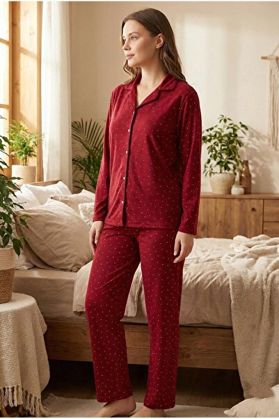 RAGİDE طقم بيجامة بأكمام طويلة وأزرار حمراء من جلد الغزال