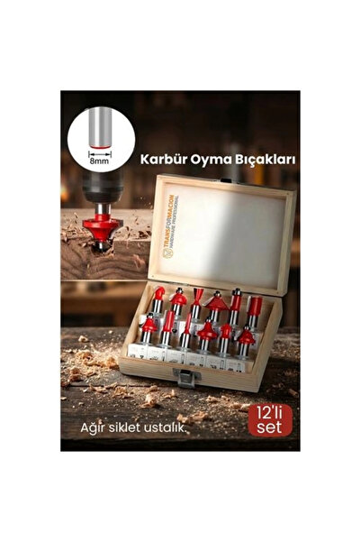 Twin Store Mey İthalat® Profesyonel 12'Li Ahşap Freze Ucu Seti 8Mm Şaft | Rul...