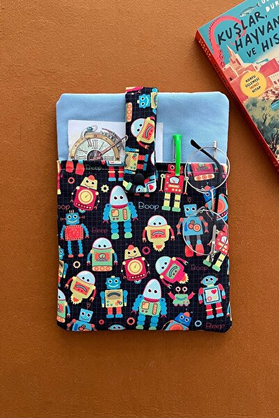 Outlet Çarşım غلاف كتاب من الكتان مع جيب، هدية لمحبي الكتب بنمط الروبوت