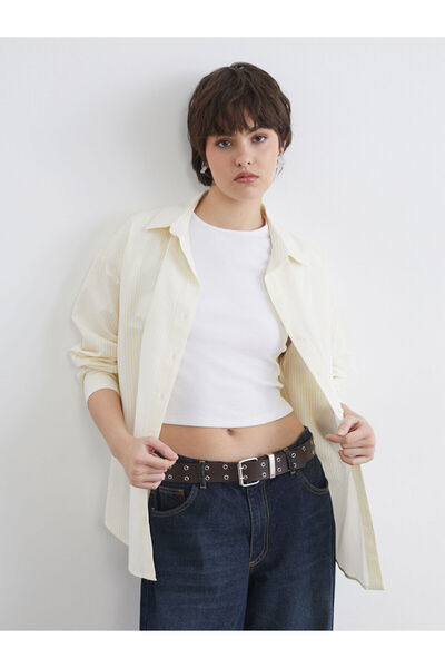 LC Waikiki Ροζ Ριγέ oversized Ποπλίνα Γυναικείο πουκάμισο (S6)