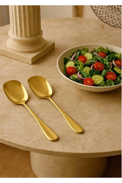 Single ( 2 Adet ) Gold Paslanmaz Çelik 21 cm Lüx Servis Salata Kaşığı Çelik Servis Yemek Kaşığı