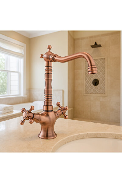 banyosepeti صنبور حوض غسيل نحاسي عتيق من ريترو كروس - ذراعان، فوهة دوارة، تصم...