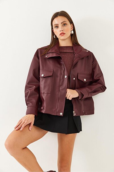 buqre's moda Bomber Leather Jacket with Elastic Waist