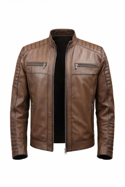 VELZANA Erkek Hakiki Deri Kahverengi Dik Yaka Ceket | Kapitone Omuz, Fermuarl...