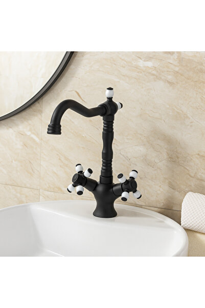 banyosepeti صنبور حوض غسيل ريترو كروس باللون الأسود غير اللامع - مع ذراع من ا...