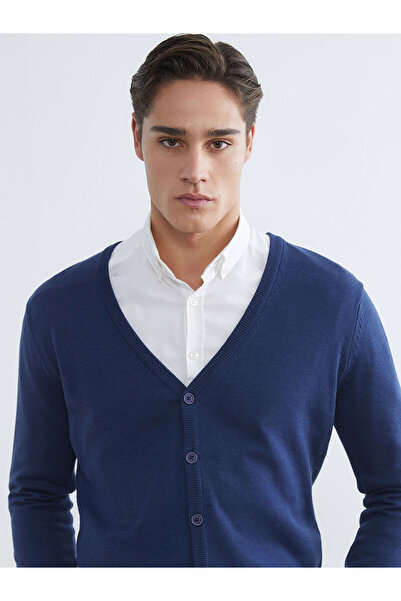 LC Waikiki Mg Trenden Blue Standard Fit V-Neck Men's Knitwear Cardigan