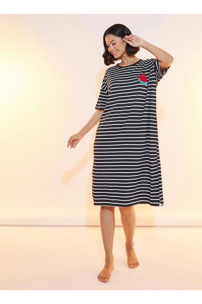 Generic Striped Nightgown with Embroidery