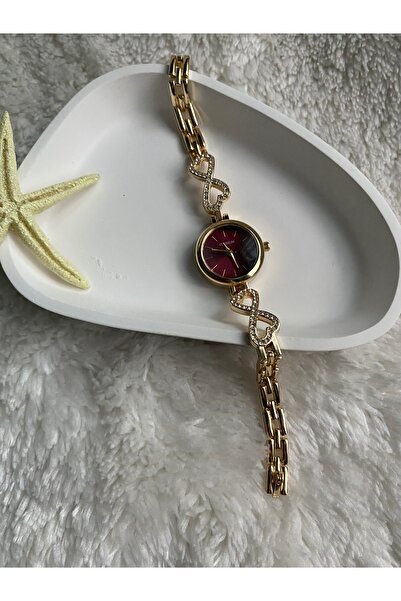 NUR LUCIA PINTEREST YUVARLAK KASA KADIN GOLD BORDO KOL SAATİ