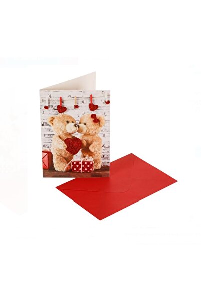 OEM Teddy Bears Glitter Hearts Love Card Set with Envelope, 13x19 cm, Red