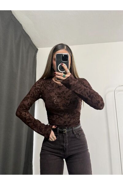 Lovely butik Women's Brown Patterned Sheer Tulle Blouse - Long Sleeve Lace De...