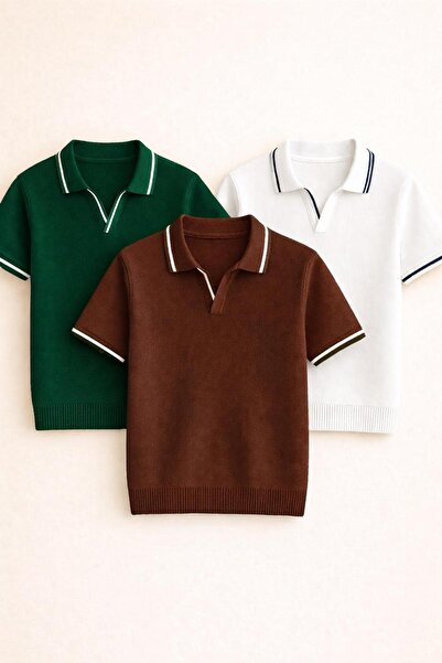 threeoff Πλεκτό μπλουζάκι 3 τεμαχίων Premium με λεπτομέρεια στο γιακά