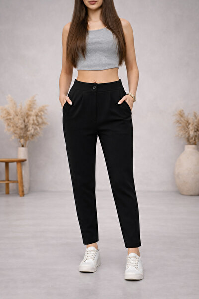 Lighter Jeans Kadın Yüksek Bel Havuç Kesim Siyah Kumaş Pantolon Cep Detaylı