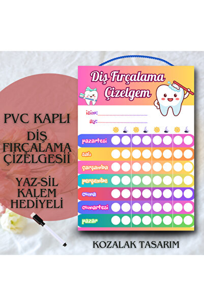 Kozalak Tasarım Tooth Brushing Chart Write-Erase Table Pvc Coated Durable Wri...