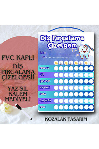 Kozalak Tasarım Tooth Brushing Chart Write-Erase Table Pvc Coated Durable Wri...