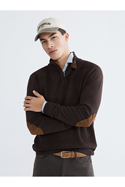 LC Waikiki منتجات موسم RMZ GİYİM سترات بلوفر بني اللون ياقة مرتفعة متوسطة الط...