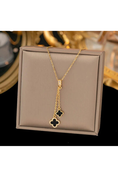 naaksesuar Çelik Gold Renkli Charmlı Siyah Detaylı Yonca Kolye