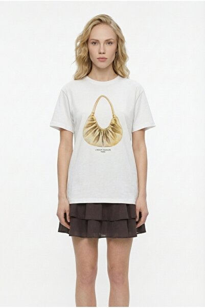 Quzu Bag Printed Crew Neck T-Shirt Ecru