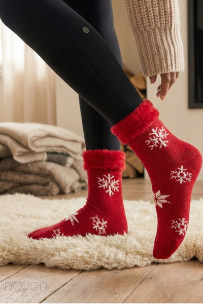 novon İçi Ş Fleece-Lined Warm Cozy Snowflake Figured Booties Socks/ Home Booties