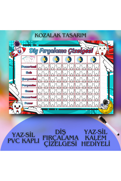 Kozalak Tasarım Tooth Brushing Chart Write-Erase Table Pvc Coated Durable Wri...