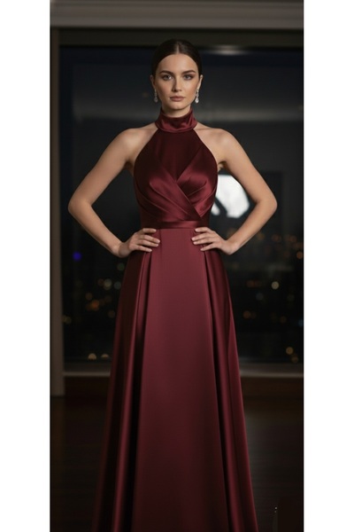 makbuleofficial Saten Kumaştan, Kolsuz,Pileli,Mezuniyet Elbisesi