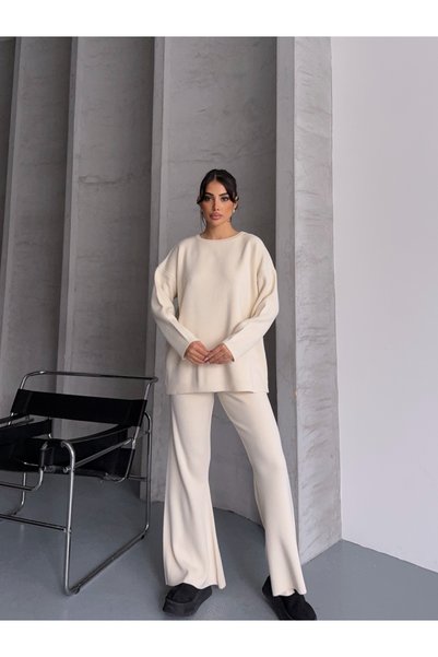 MODA Women's Crew Neck Sweater Pants Bottom-Top Knitwear Set