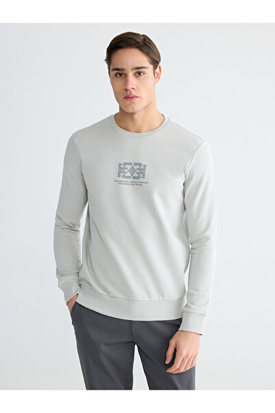 LC Waikiki Rmz Clothing Season Deals Gray Crew Neck Ba Printed Men's Thick Sw...