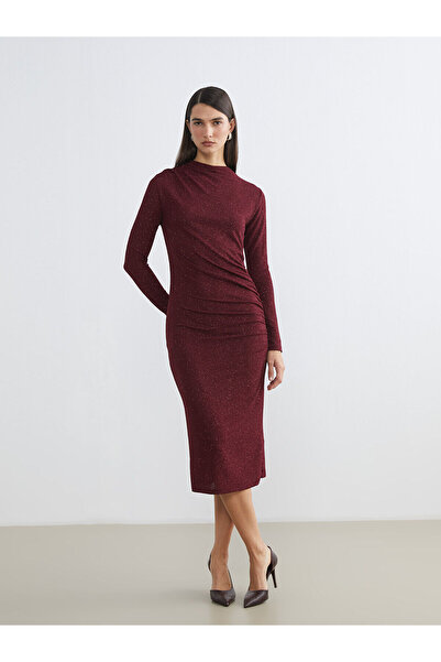LC Waikiki Burgundy Mock Neck Shiny Looking Shirred Dress